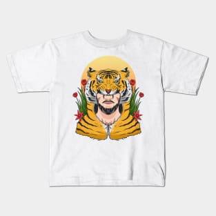 Male hunter in tiger skin robe Kids T-Shirt